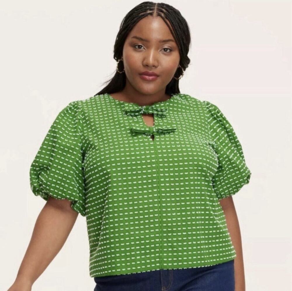 Kate Spade X Target Green White Swiss Dot Tie Front Puff Sleeve Crop Top Sz S